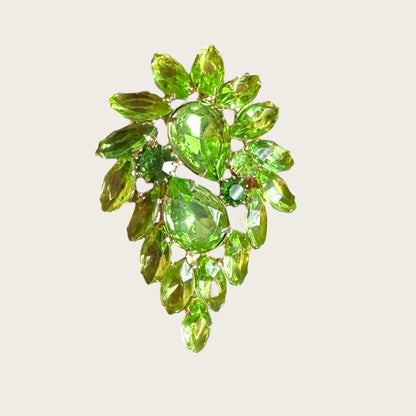 Vintage Parrot-Green Rhinestone Leaf Brooch │ Brilliant Emerald and Uranium Accents (c. 1950s)