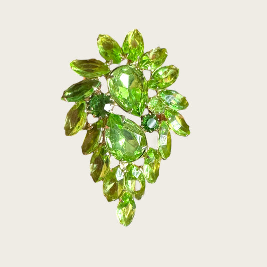 Vintage Parrot-Green Rhinestone Leaf Brooch │ Brilliant Emerald and Uranium Accents (c. 1950s)