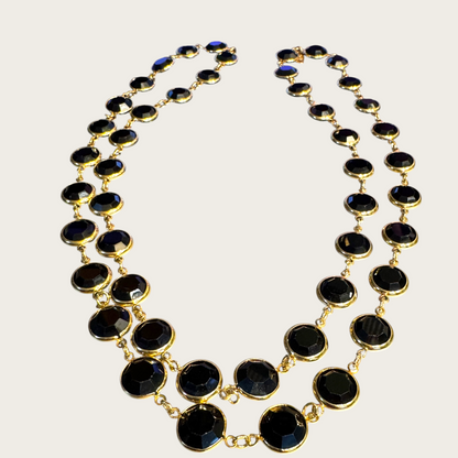 Vintage Swarovski Black Crystal Bezel-Set Necklace – Gold-Tone Long Strand (Signed with Swan Tag)