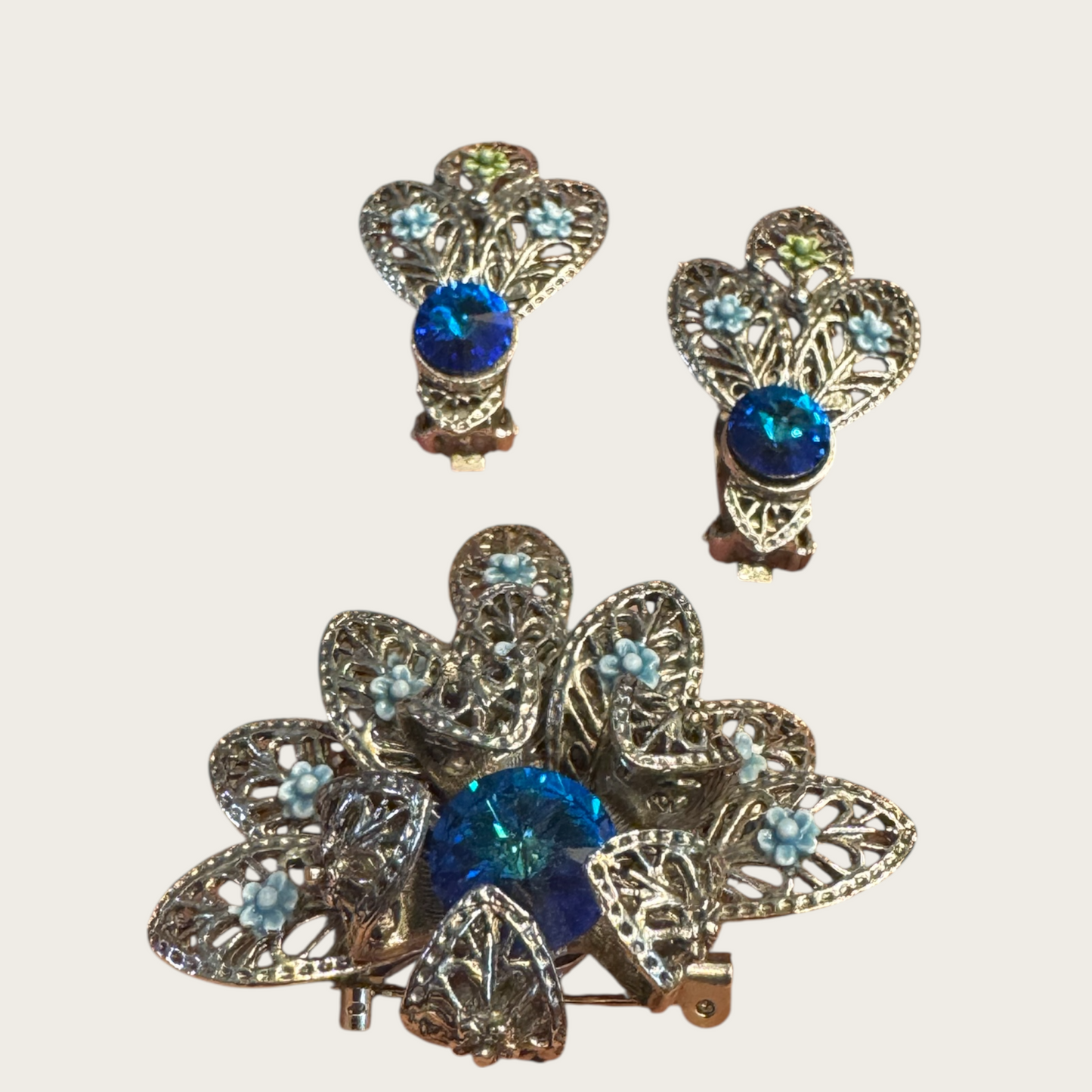 Vintage Blue Glass & Enamel Filigree Brooch and Earring Set – 1950s European Floral Design