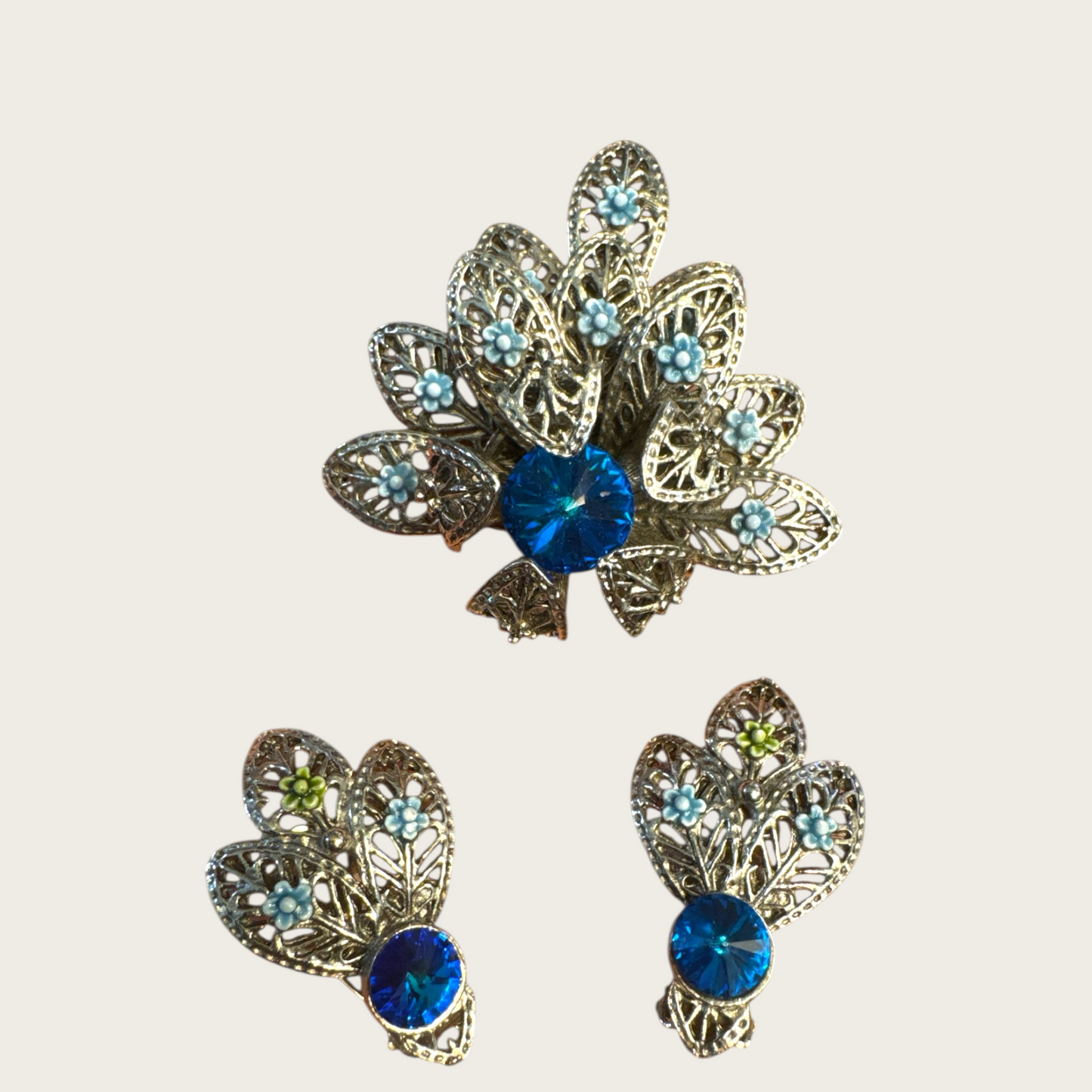 Vintage Blue Glass & Enamel Filigree Brooch and Earring Set – 1950s European Floral Design