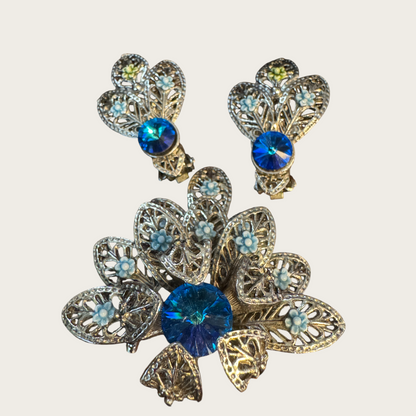 Vintage Blue Glass & Enamel Filigree Brooch and Earring Set – 1950s European Floral Design