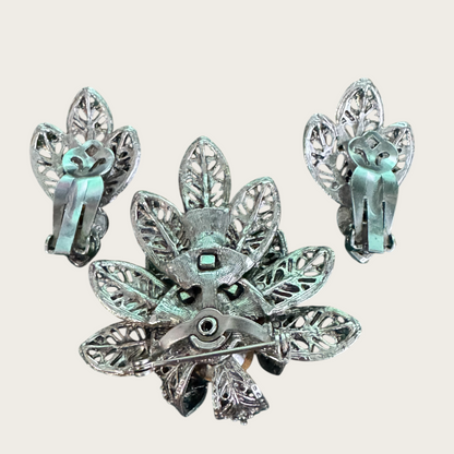 Vintage Blue Glass & Enamel Filigree Brooch and Earring Set – 1950s European Floral Design