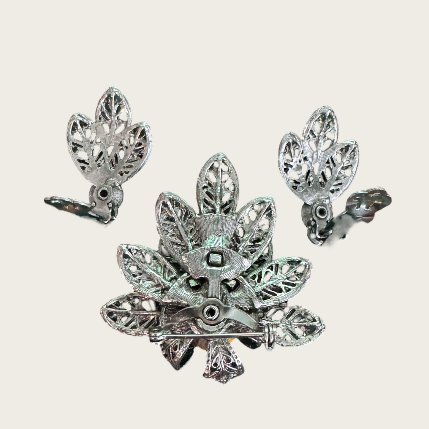 Vintage Blue Glass & Enamel Filigree Brooch and Earring Set – 1950s European Floral Design