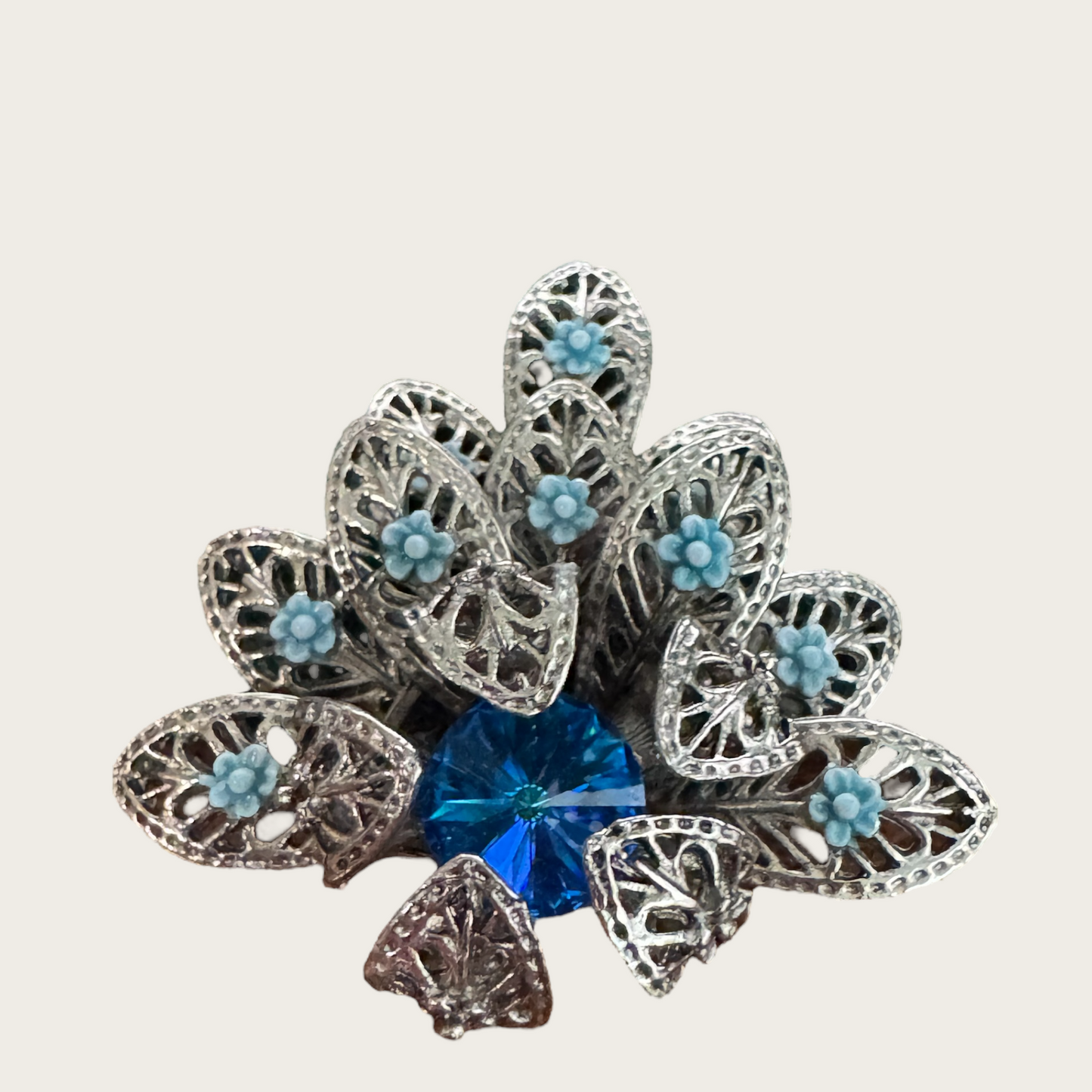 Vintage Blue Glass & Enamel Filigree Brooch and Earring Set – 1950s European Floral Design