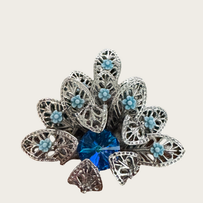 Vintage Blue Glass & Enamel Filigree Brooch and Earring Set – 1950s European Floral Design