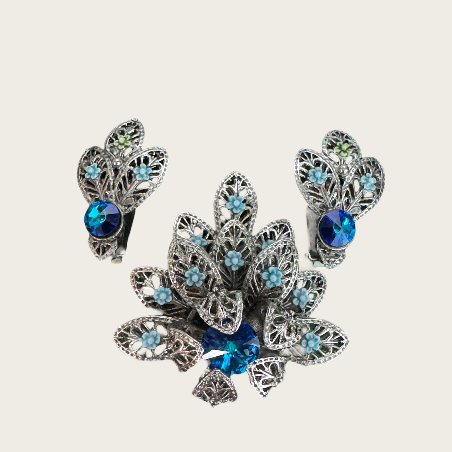 Vintage Blue Glass & Enamel Filigree Brooch and Earring Set – 1950s European Floral Design