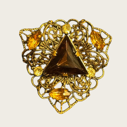Austrian Filigree Brooch with Triangular Amber Glass & Topaz Navettes | Vintage Gilt Brass (1940s)