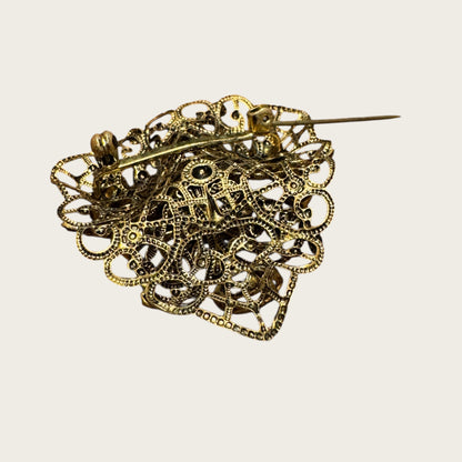 Austrian Filigree Brooch with Triangular Amber Glass & Topaz Navettes | Vintage Gilt Brass (1940s)