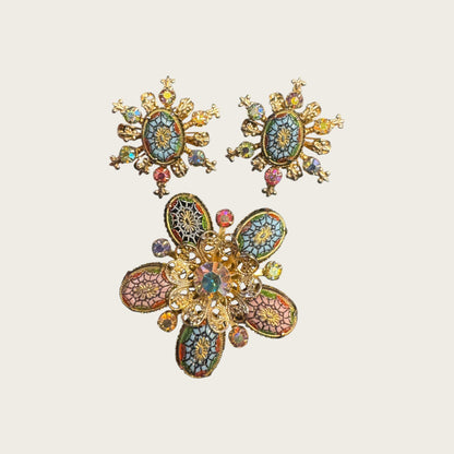 West German Carved Glass & Aurora Borealis Set | Vintage Gilt Filigree Brooch & Earrings (1950s–1960s)