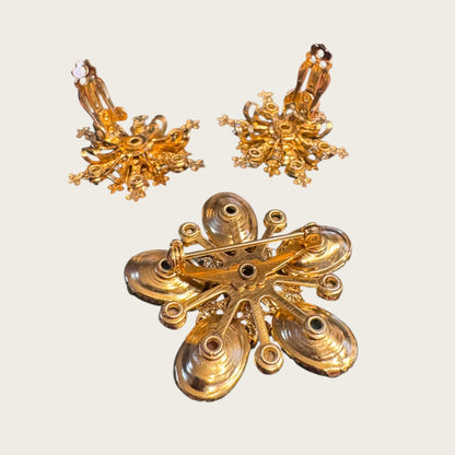 West German Carved Glass & Aurora Borealis Set | Vintage Gilt Filigree Brooch & Earrings (1950s–1960s)