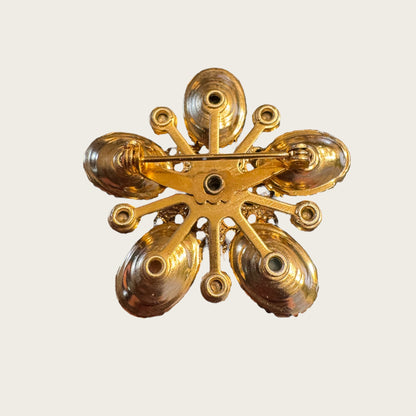 West German Carved Glass & Aurora Borealis Set | Vintage Gilt Filigree Brooch & Earrings (1950s–1960s)