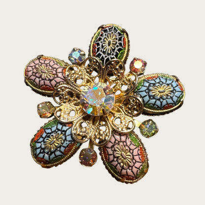 West German Carved Glass & Aurora Borealis Set | Vintage Gilt Filigree Brooch & Earrings (1950s–1960s)