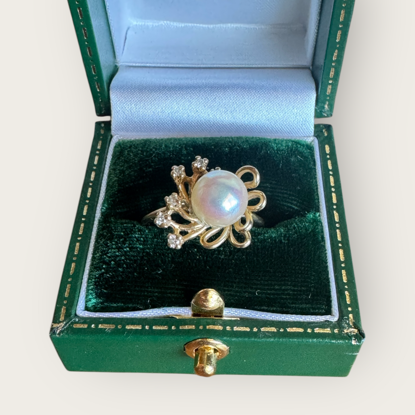 Vintage 14K Gold Pearl & Diamond Cocktail Ring – Size 9 – Estate 6-Stone Cluster Design, 4.46g
