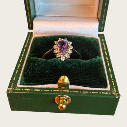 Vintage 14K Yellow Gold Amethyst & Diamond Teardrop Halo Ring – Size 7, Estate Fine Jewelry