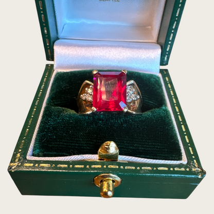 Vintage 10K Yellow Gold Ruby & Diamond Ring – Size 5.75, Emerald-Cut Estate Cocktail Jewelry