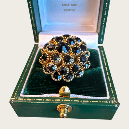Vintage Judy Lee Black Rhinestone Cluster Cocktail Ring – Adjustable, 1950s–60s Statement Jewelry