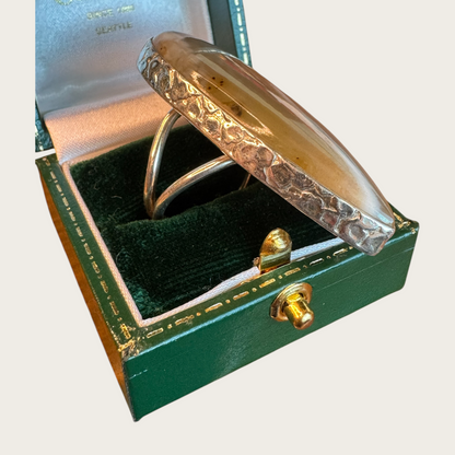 Vintage 925 Sterling Silver Hammered Adjustable Band Ring with Extra Large Smoky Quartz Cabochon – Artisan Statement Design