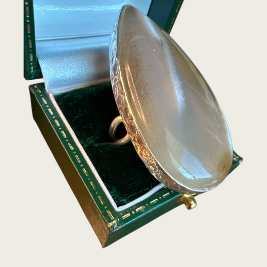 Vintage 925 Sterling Silver Hammered Adjustable Band Ring with Extra Large Smoky Quartz Cabochon – Artisan Statement Design