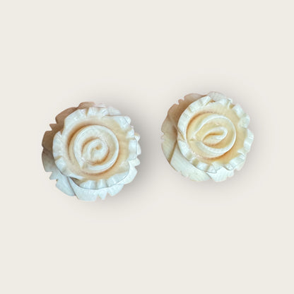 Vintage 14K Gold Carved Bone Rose Stud Earrings