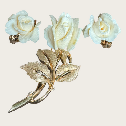 Marcel Boucher Carved Faux Ivory Rose Brooch & Clip-On Earrings – U.S. Patent