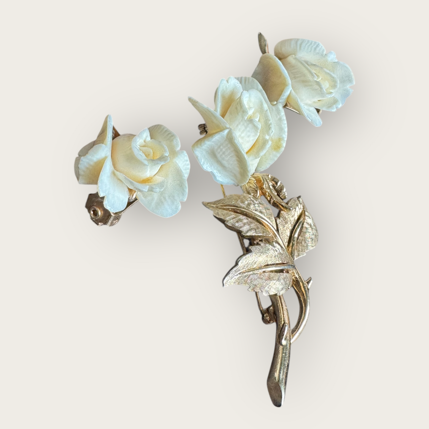 Marcel Boucher Carved Faux Ivory Rose Brooch & Clip-On Earrings – U.S. Patent