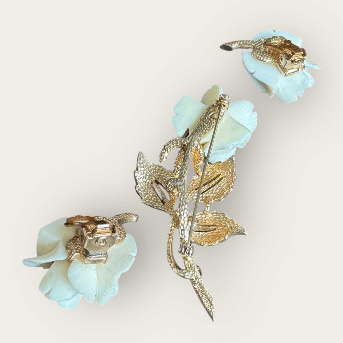 Marcel Boucher Carved Faux Ivory Rose Brooch & Clip-On Earrings – U.S. Patent