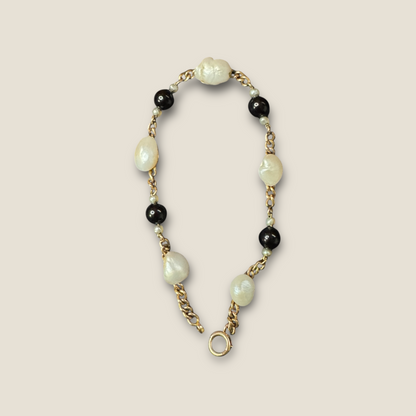 Vintage 14 Karat Gold Bracelet with Cultured Baroque Pearls & Onyx Beads