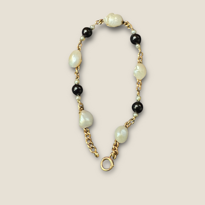 Vintage 14 Karat Gold Bracelet with Cultured Baroque Pearls & Onyx Beads