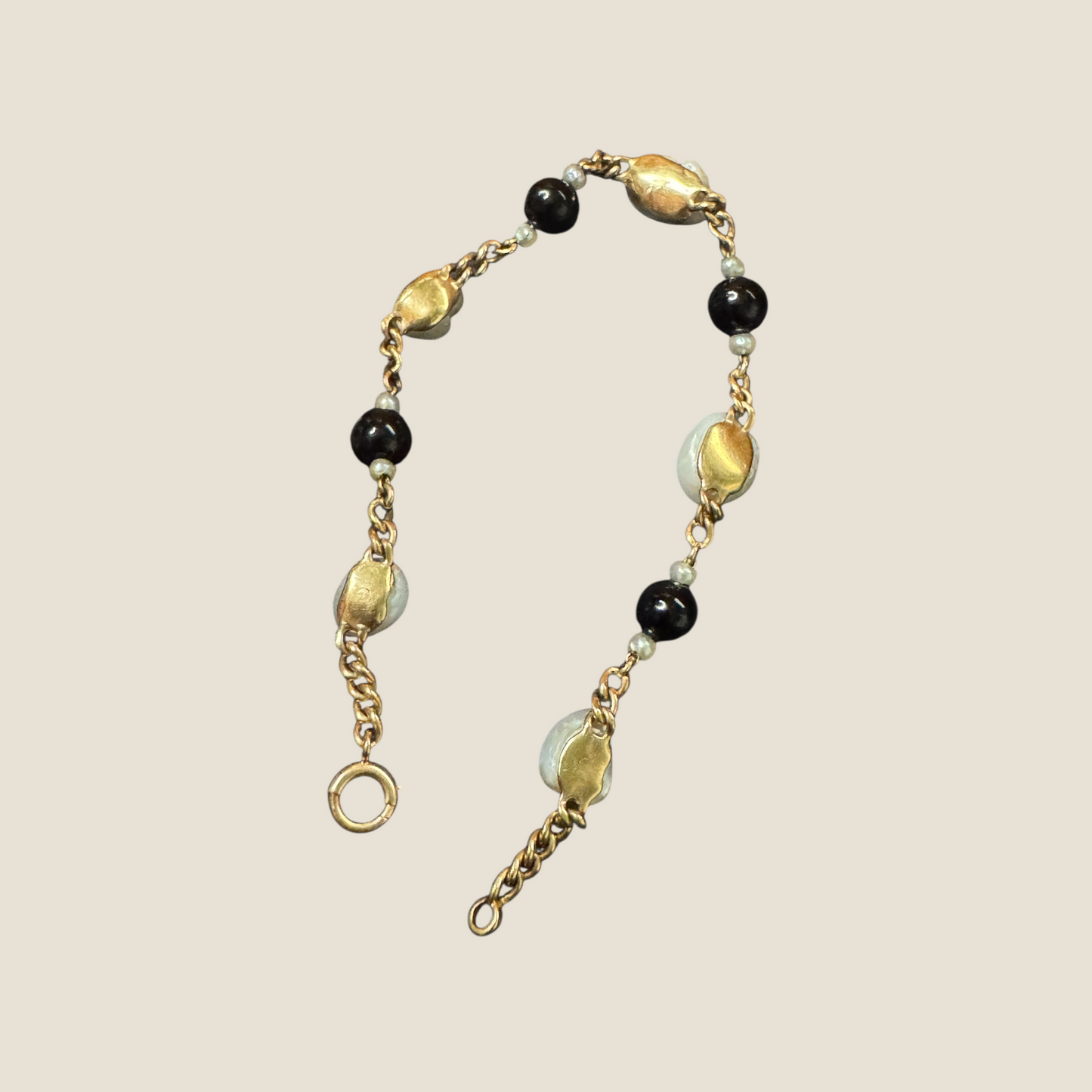 Vintage 14 Karat Gold Bracelet with Cultured Baroque Pearls & Onyx Beads