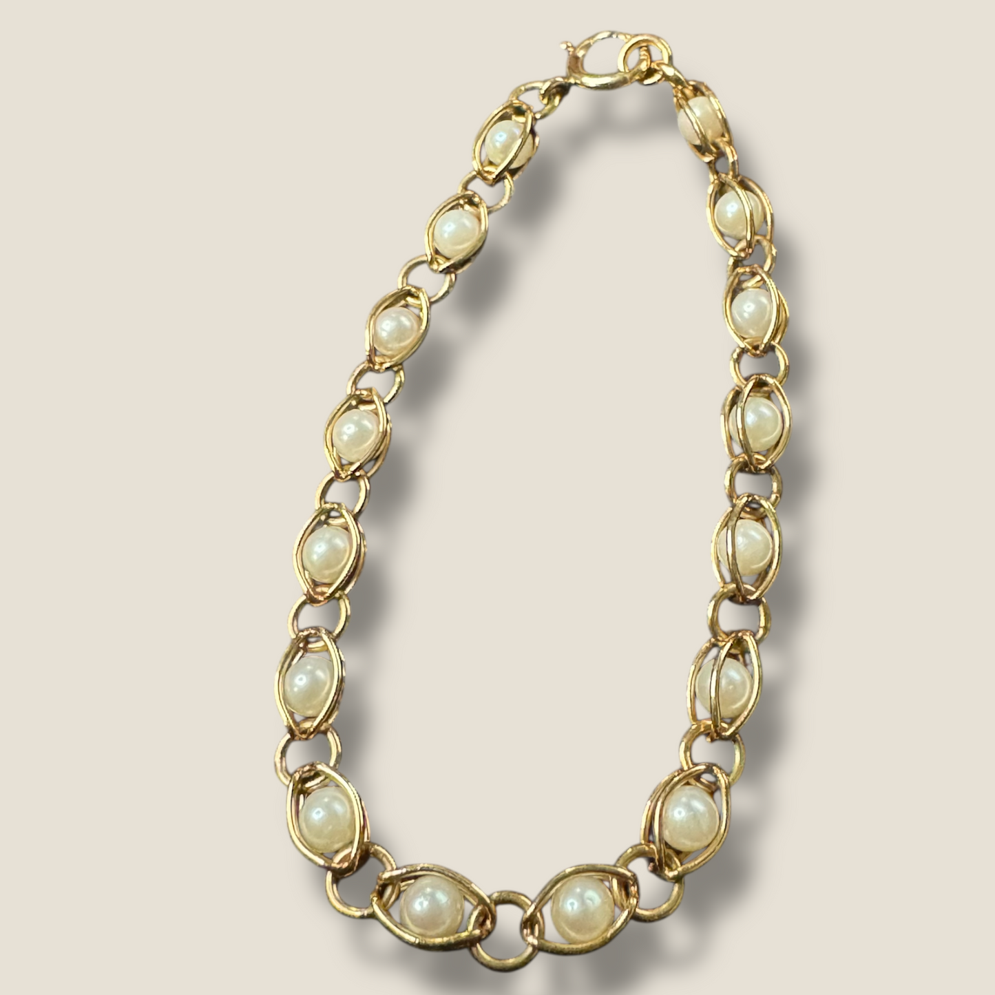 14K Yellow Gold Caged Cultured Pearl Bracelet – Mid-Century Grace & Golden Luster
