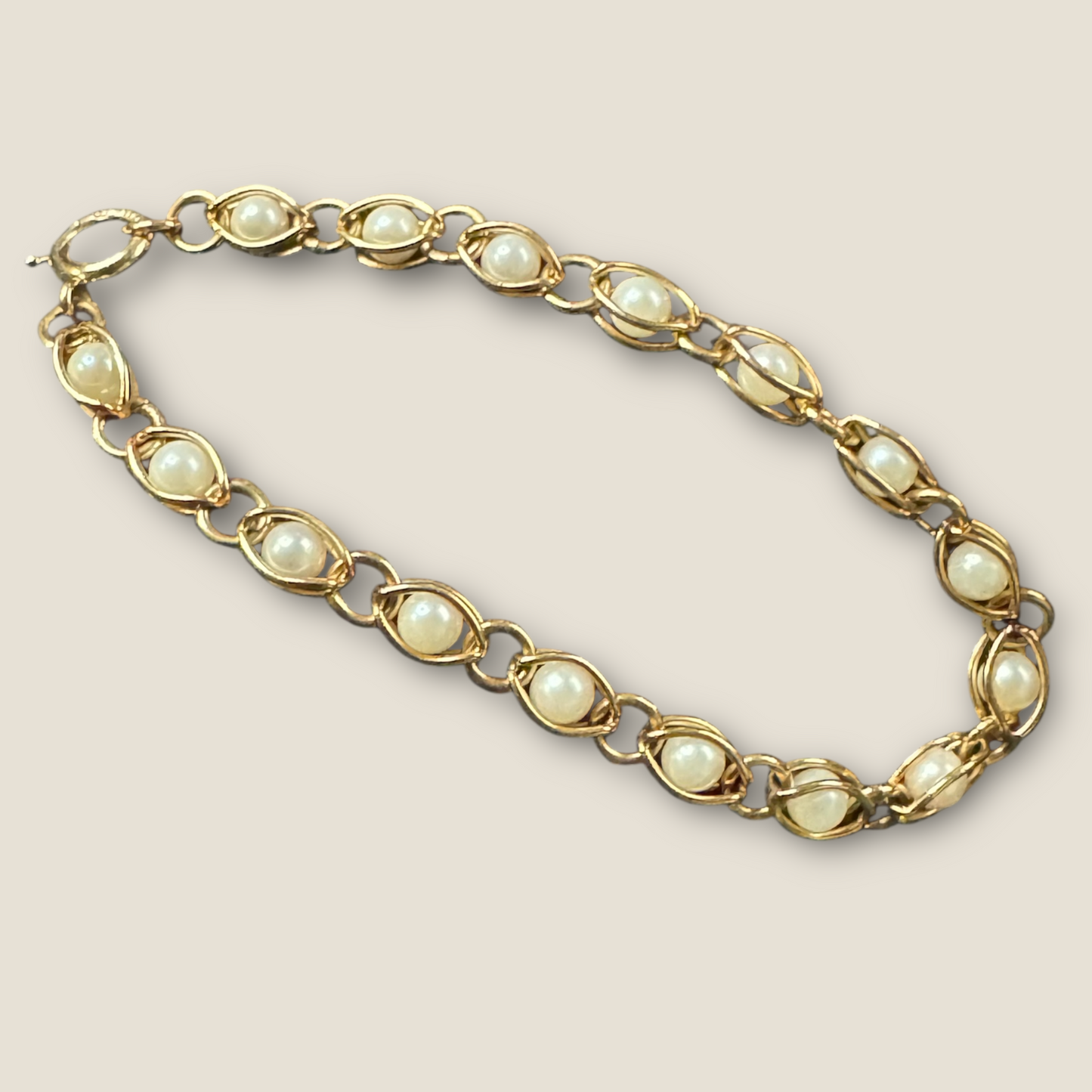 14K Yellow Gold Caged Cultured Pearl Bracelet – Mid-Century Grace & Golden Luster