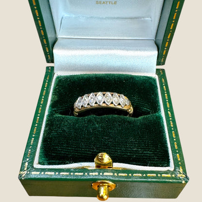 Vintage 14K Gold & Platinum Diamond Band – Seven Natural Diamonds, Sculpted Deco Detailing, Circa 1940s