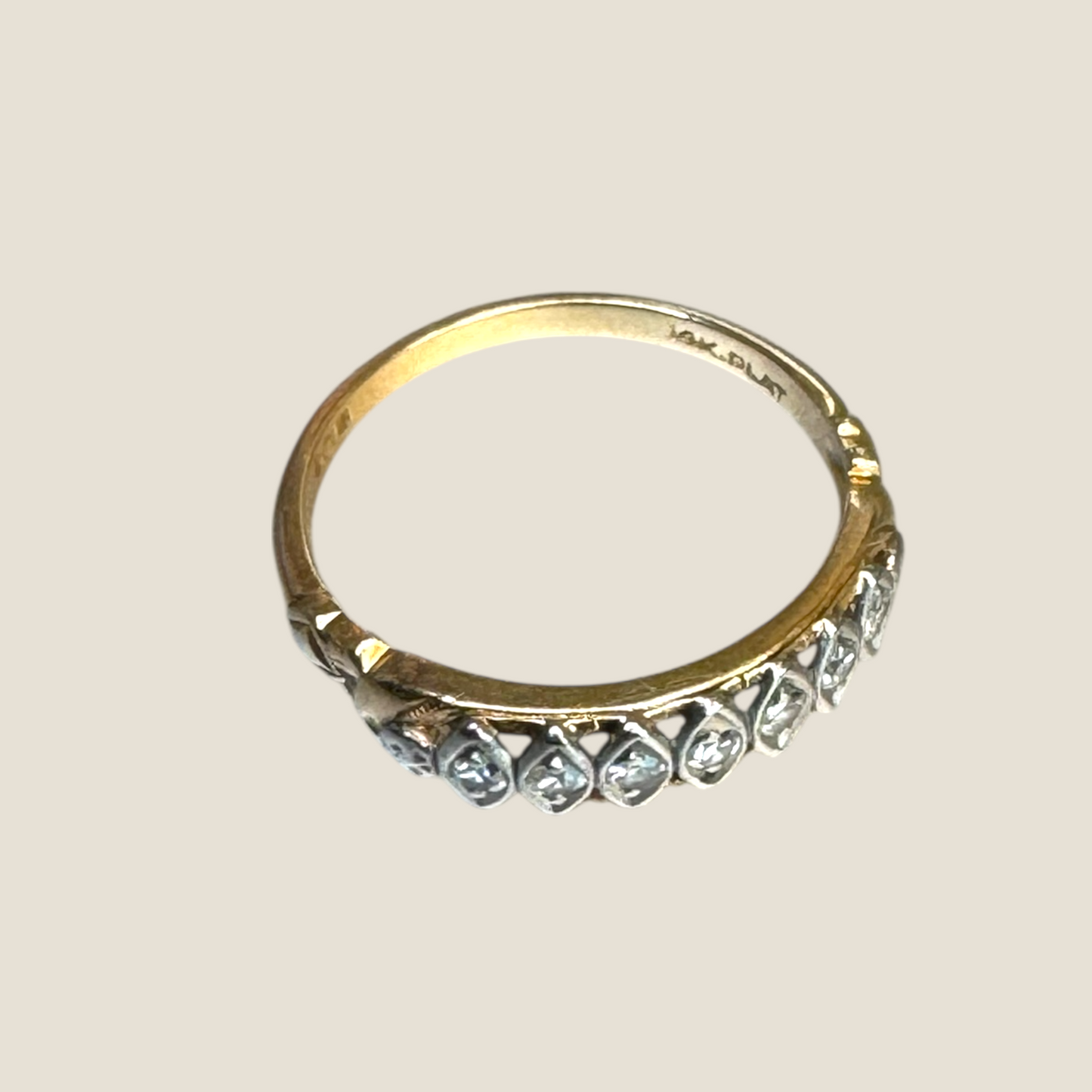 Vintage 14K Gold & Platinum Diamond Band – Seven Natural Diamonds, Sculpted Deco Detailing, Circa 1940s