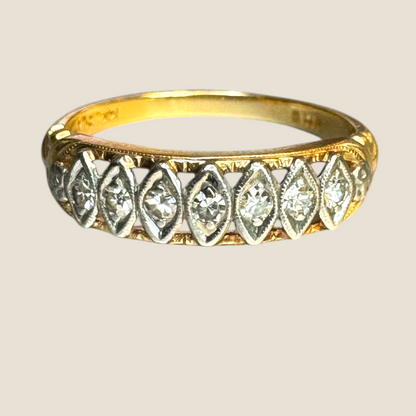 Vintage 14K Gold & Platinum Diamond Band – Seven Natural Diamonds, Sculpted Deco Detailing, Circa 1940s