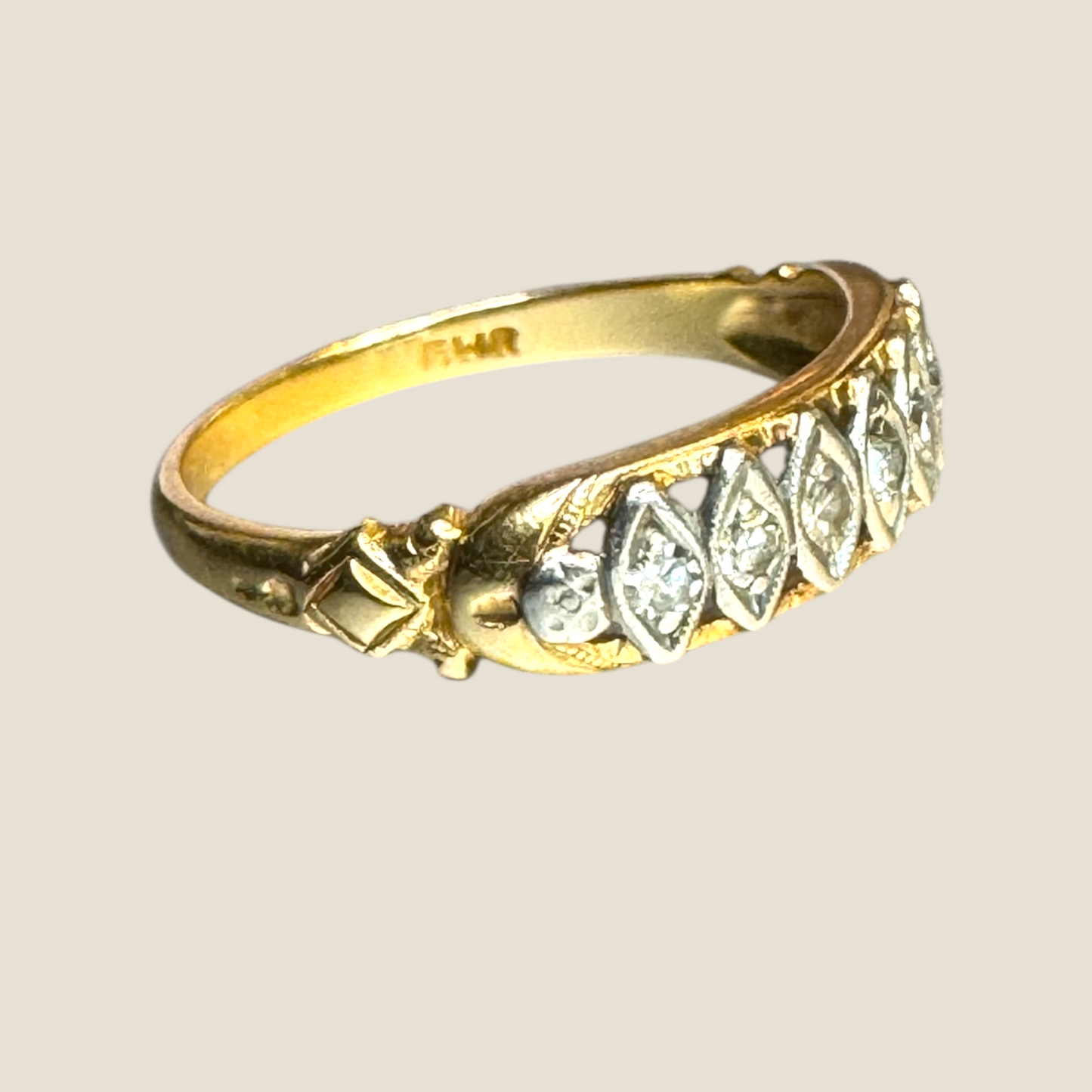 Vintage 14K Gold & Platinum Diamond Band – Seven Natural Diamonds, Sculpted Deco Detailing, Circa 1940s