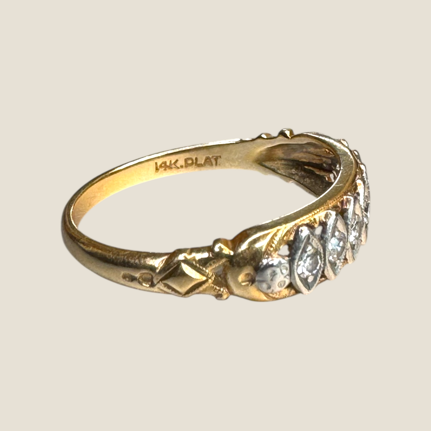 Vintage 14K Gold & Platinum Diamond Band – Seven Natural Diamonds, Sculpted Deco Detailing, Circa 1940s