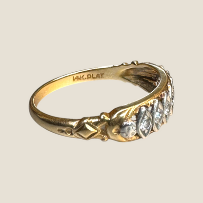 Vintage 14K Gold & Platinum Diamond Band – Seven Natural Diamonds, Sculpted Deco Detailing, Circa 1940s