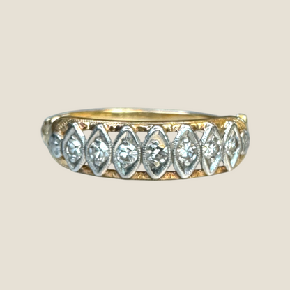 Vintage 14K Gold & Platinum Diamond Band – Seven Natural Diamonds, Sculpted Deco Detailing, Circa 1940s