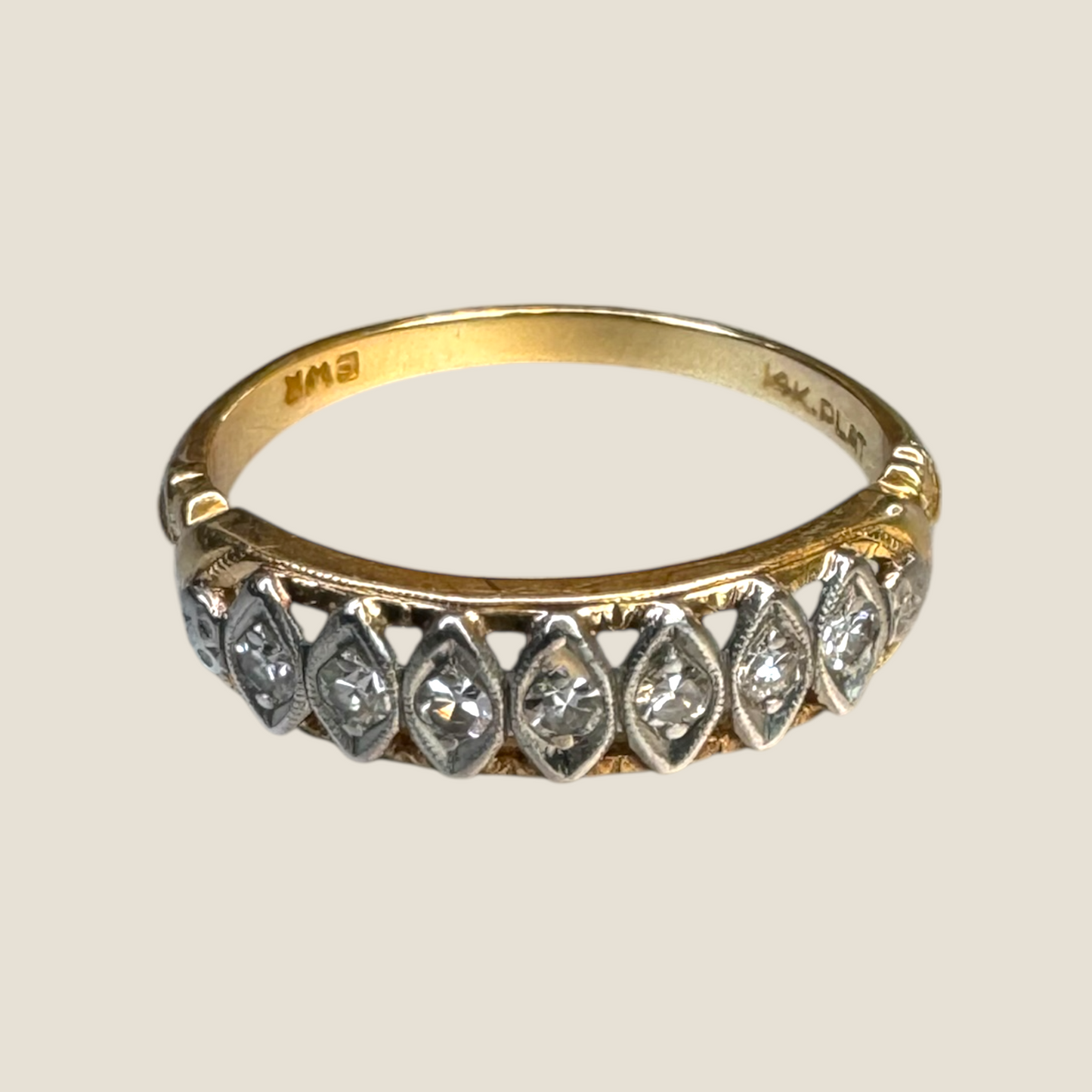 Vintage 14K Gold & Platinum Diamond Band – Seven Natural Diamonds, Sculpted Deco Detailing, Circa 1940s