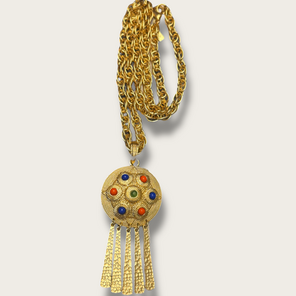 Vintage KJL CN Gold-Tone Medallion Necklace – Red, Blue & Green Cabochons with Fringe Dangles