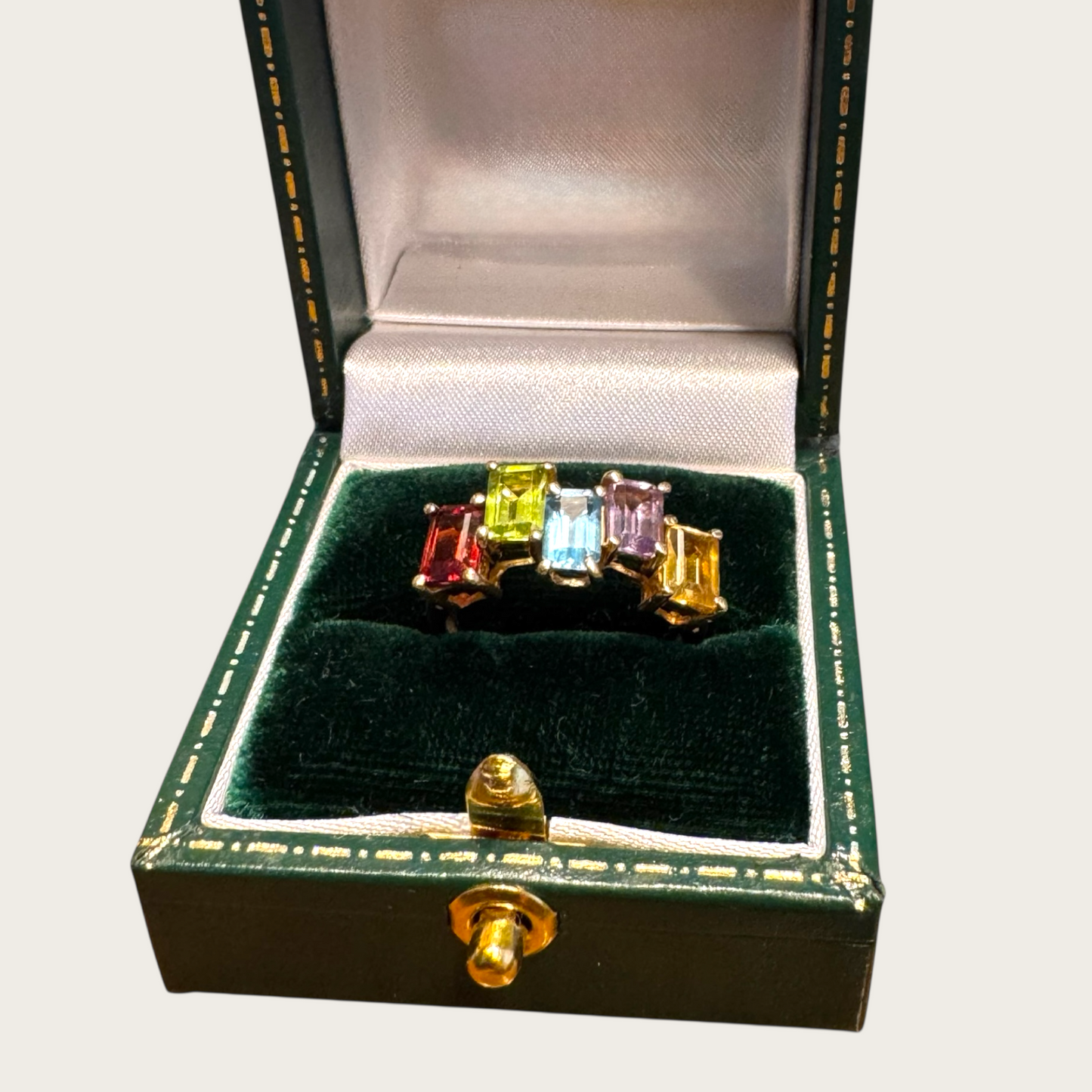 Vintage 10K Multi-Gemstone Baguette Band Ring – Garnet, Peridot, Blue Topaz, Amethyst & Citrine Topaz