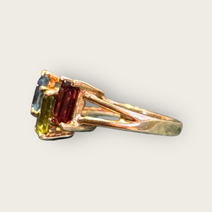 Vintage 10K Multi-Gemstone Baguette Band Ring – Garnet, Peridot, Blue Topaz, Amethyst & Citrine Topaz