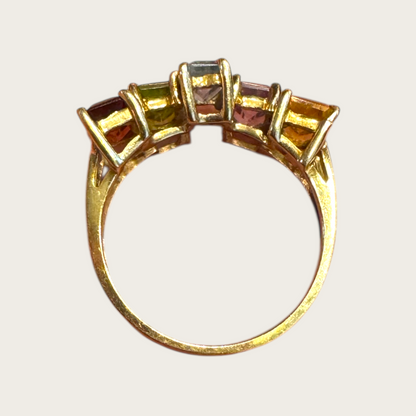 Vintage 10K Multi-Gemstone Baguette Band Ring – Garnet, Peridot, Blue Topaz, Amethyst & Citrine Topaz