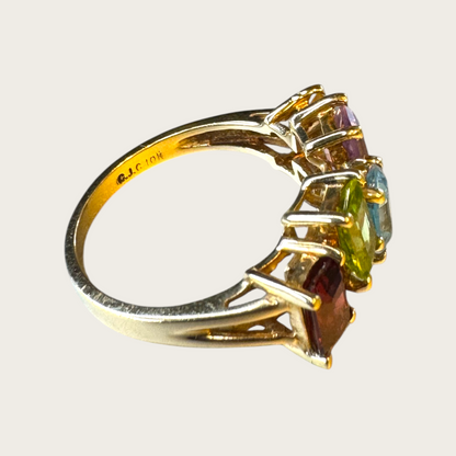 Vintage 10K Multi-Gemstone Baguette Band Ring – Garnet, Peridot, Blue Topaz, Amethyst & Citrine Topaz
