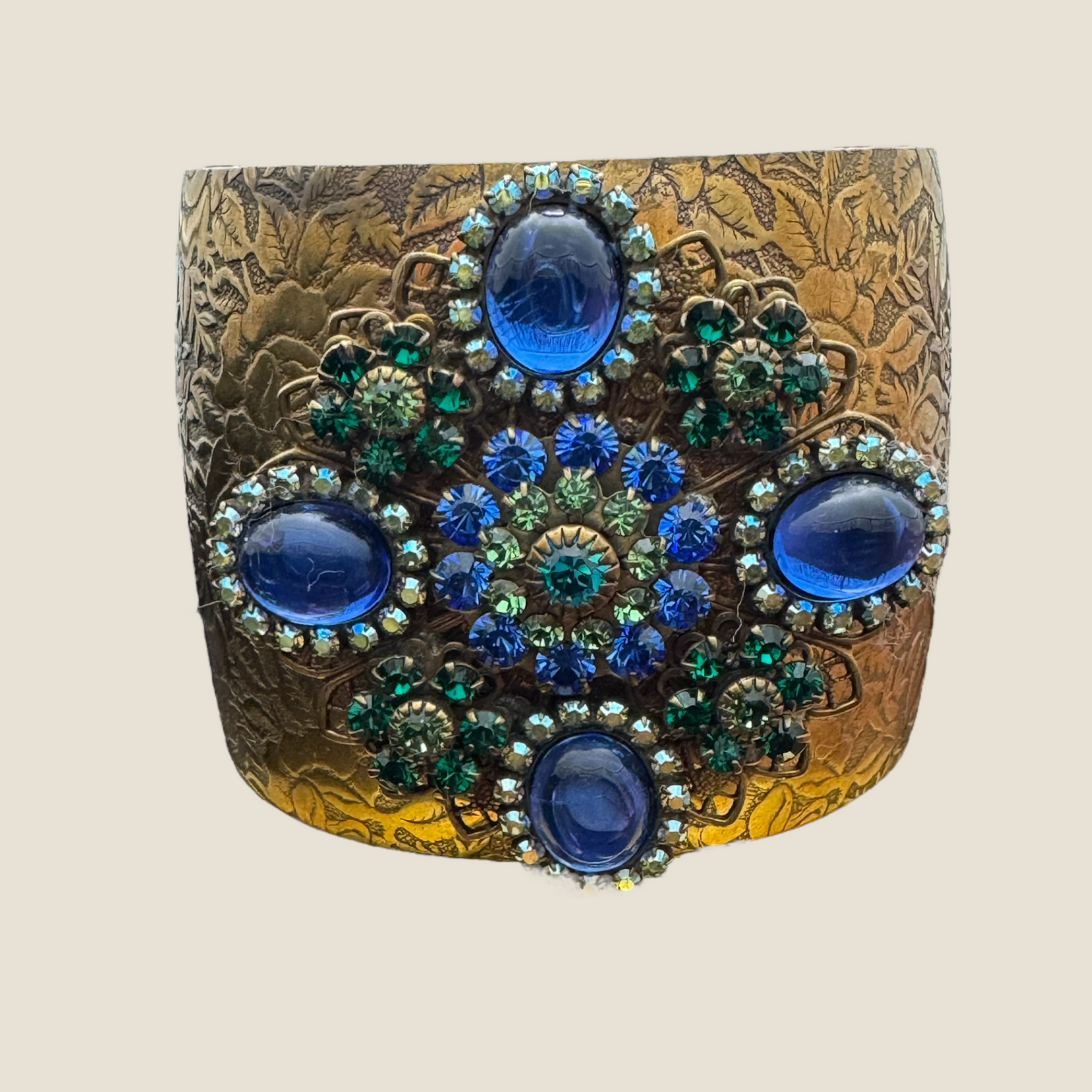 Vintage Signed Lizpaiacios San Francisco Jeweled Brass Floral Cuff – Royal Blue Glass Cabs with Green & Blue Rhinestones