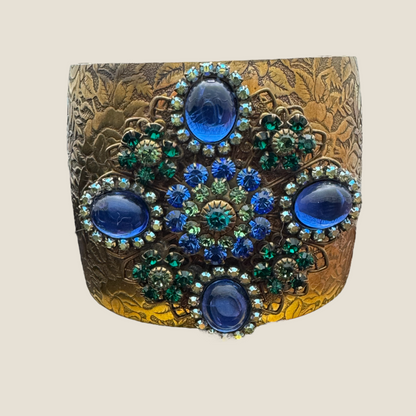 Vintage Signed Lizpaiacios San Francisco Jeweled Brass Floral Cuff – Royal Blue Glass Cabs with Green & Blue Rhinestones