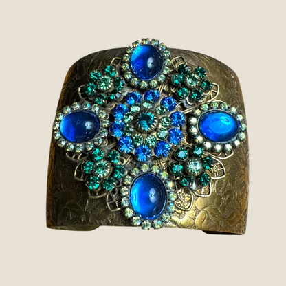 Vintage Signed Lizpaiacios San Francisco Jeweled Brass Floral Cuff – Royal Blue Glass Cabs with Green & Blue Rhinestones