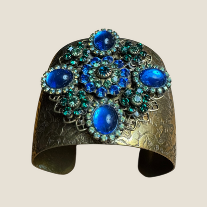 Vintage Signed Lizpaiacios San Francisco Jeweled Brass Floral Cuff – Royal Blue Glass Cabs with Green & Blue Rhinestones