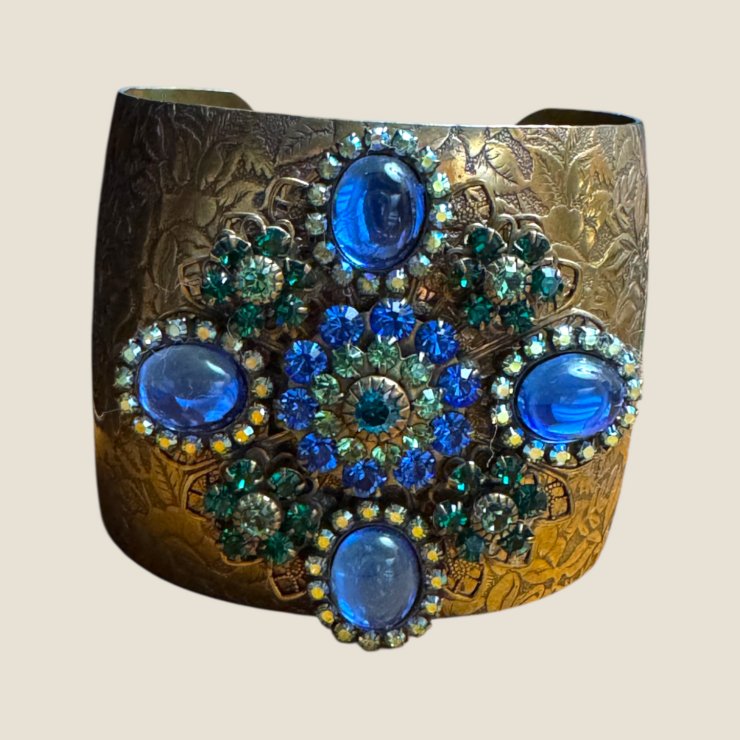 Vintage Signed Lizpaiacios San Francisco Jeweled Brass Floral Cuff – Royal Blue Glass Cabs with Green & Blue Rhinestones